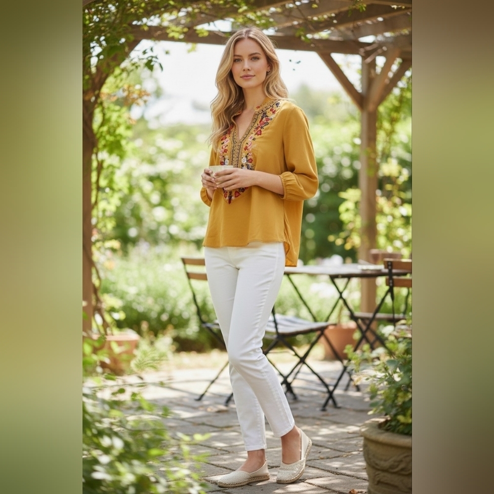 Embroidered Boho Blouse Mustard Yellow Floral Tunic Top Short Sleeve M